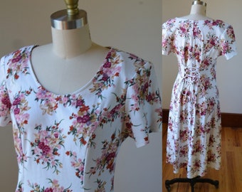 1990er Jahre Floral Cotton / Poly Sommerkleid Von Joni Blair Größe M, Vintage Floral Kurzarm Sommer Schürze Kleid Größe M