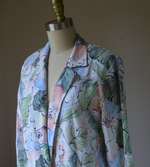 1980's Pastel Colored Floral Open Concept Blazer By C… Gem