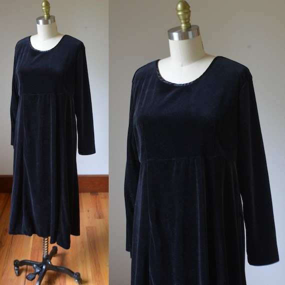 90's Long Sleeve Oversized Black Velvet Dress Siz… - image 1