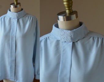 80's Classic Vintage Baby Blue Blouse Size Medium, Vintage Light Weight Blue Dress Blouse By Southern Lady Size Medium