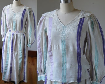 1980's Two PIece Gunny Sack Style Linen Blouse and Skirt Set By Fine Feather Women's Size 6 Small