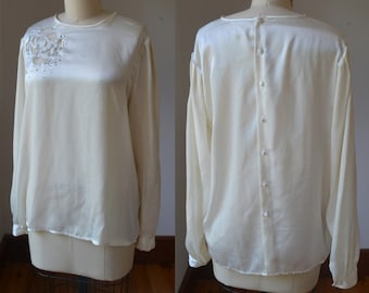 1980's Essential Cream Dress Blouse With Beaded Shoulder Women's Size Small, Vintage Cream/Ivory Shimmery Dress Blouse By Tess Size Small