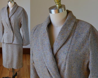 1990's Wool Lined Skirt And Jacket Suit Women's Size 6, Vintage Speckled Wool Lined Blazer With Matching Lined Pencil Skirt Women's Small