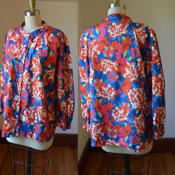 1970's Vintage Poly Floral Blouse With Ruffled Cu… - image 1