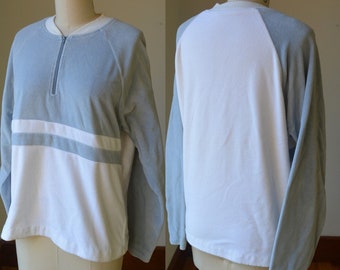 1980's Vintage White And Pale Blue Long Sleeve Velour Pullover Size Small, Vintage Retro Soft Velour Long Sleeve Shirt Size Small