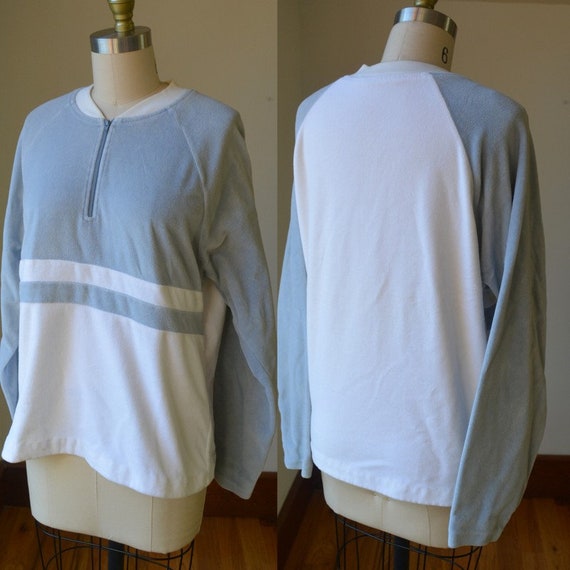 1980's Vintage White And Pale Blue Long Sleeve Ve… - image 1