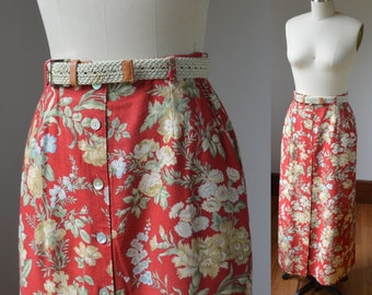 90's Vintage Floral Linen High Waisted Skirt With Belt By Orvis Size 8 Petite, Floral Red Linen Skirt Small 8 By Orvis With Pockets