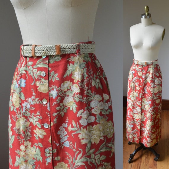 90's Vintage Floral Linen High Waisted Skirt With… - image 1