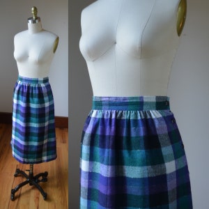 80年代のヴィンテージウールブレンドパープルチェック柄ハイウエストスカート、Kayo Of California レディースサイズ8、ヴィンテージパープルチェック柄ウールスカートサイズ8