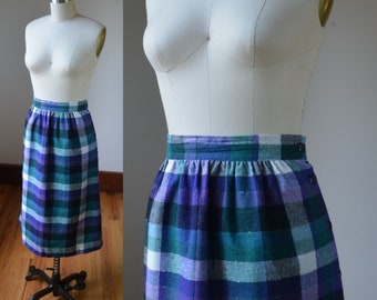 80's Vintage Wool Blend Purple Plaid High Waist Skirt door Kayo Of California Women's Size 8, Vintage Purple Plaid Wool Skirt Maat 8