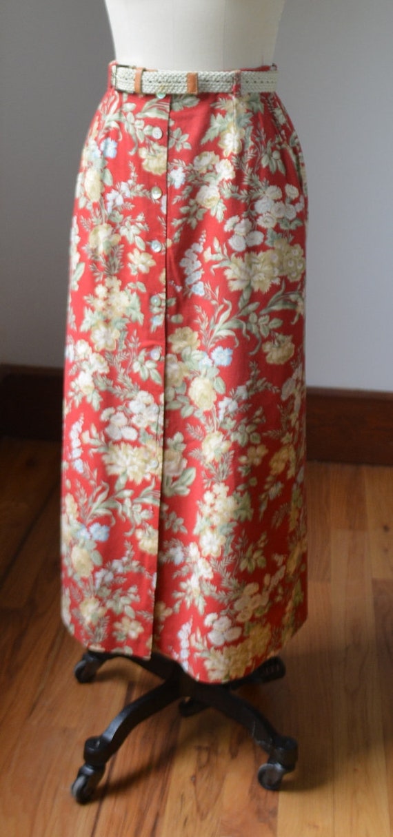 90's Vintage Floral Linen High Waisted Skirt With… - image 3