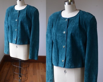 80's Vintage Teal Green Suede Leather Short Jacket By Evan Davies Women's Size 12/14, Vintage Short Suede Button Down Leather Jacket