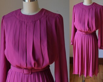 1980's Pink Long Sleeve Blouson Belted Dress Size Medium 8, Bright Pink Light Weight Blouson Pleated Dress With Matching Belt Size Med