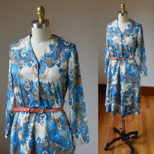 1980's Blue Blouson Long Sleeve Dress With Cinched Waist By Haband For Her Size Small 4/6