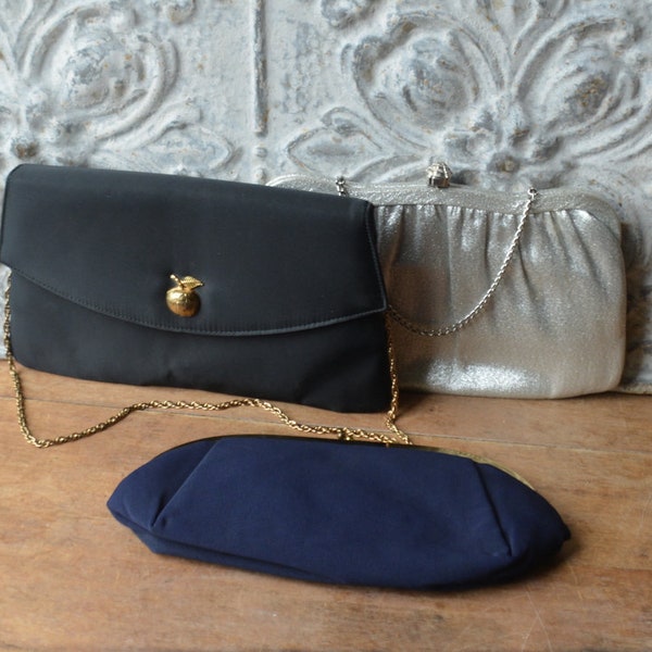 1960's Trio Of Formal Handbags and Clutches In Black, Navy blue and silver