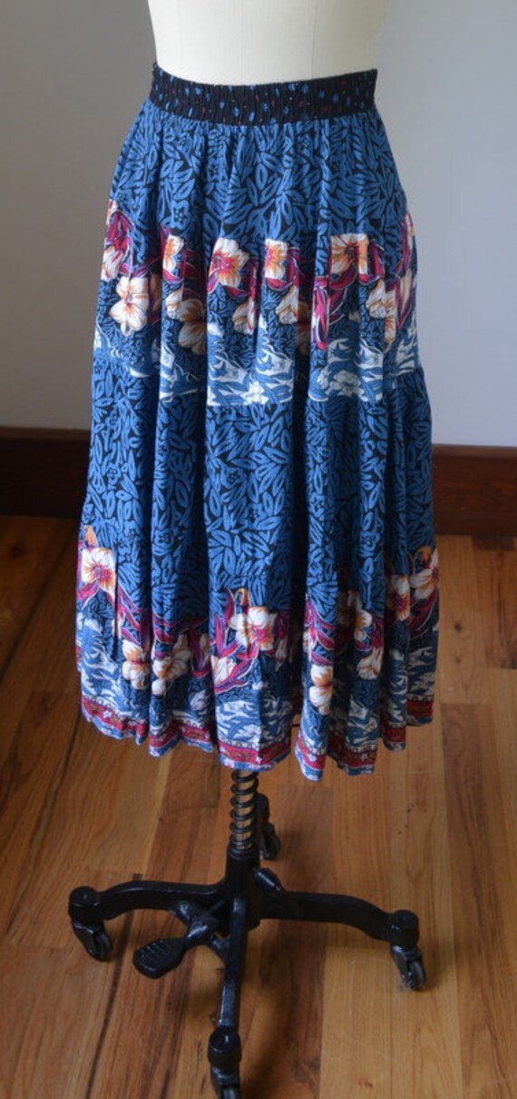 90's Vintage Blue Floral Hippie Boho Pull On Long… - image 2