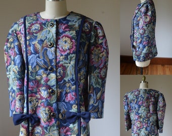 Vintage Dark Blue Floral Jacket With Exaggerated Shoulders By Classic Apparel Size Medium USA Made