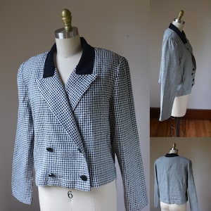 1990&#39;s Vintage Black And White Short en la cintura Blazer de pata de gallo tamaño mediano