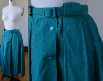 Vintage Aqua Green Pleated Belted Skirt With Big Pockets Womens Size 8, Linen Blend Skirt Waist 28 With Pockets And Belt By Young Traditions