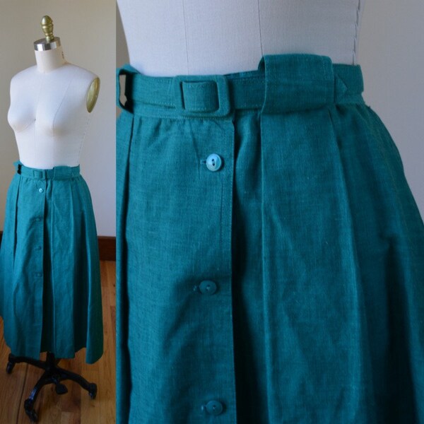 Vintage Aqua Green Pleated Belted Skirt With Big Pockets Womens Size 8, Linen Blend Skirt Waist 28 With Pockets And Belt By Young Traditions