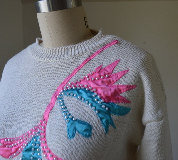 1980's Cream Bedazzled Pullover Sweater Size Smal… - image 6