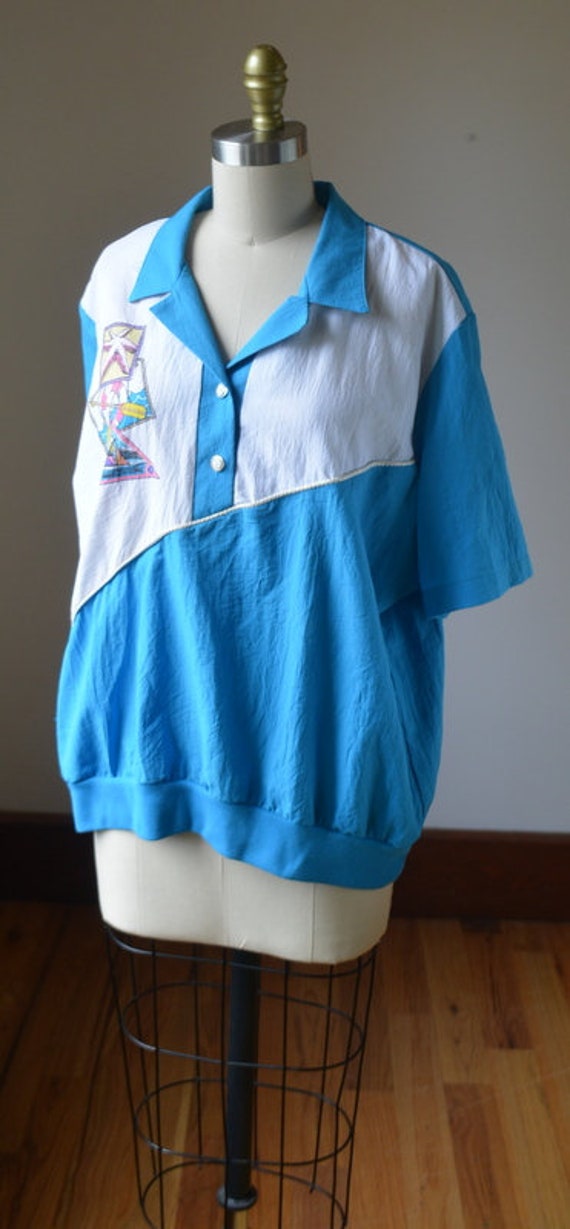 80's Oversized Beach Themed Patchwork Short Sleev… - image 3