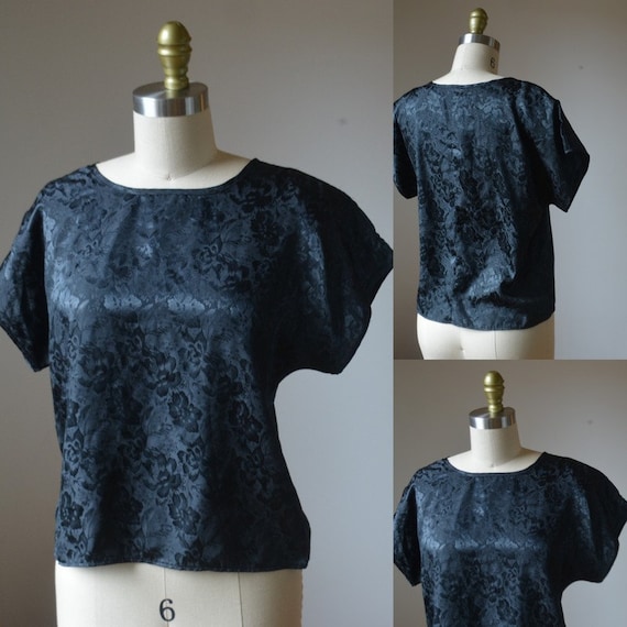 Vintage Black Floral Shell Top Blouse By Habits S… - image 1