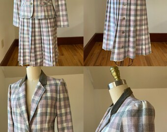 1980’s pink Plaid Wool Blend Skirt Suit By Russ  Size 4, Vintage Pink Wool Blazer and pleated Skirt Size XS