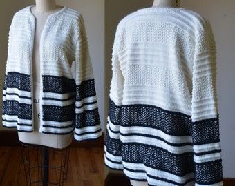 80's Vintage White And Black Open Concept Cardigan With Bell Sleeves Women's Medium By Sears, Vintage Long Sleeve Open Cardigan Size Large