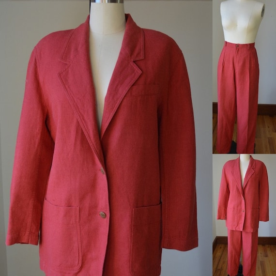 1990's Two Piece Red Linen Pants Suit By Liz Sport