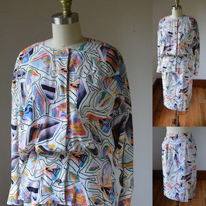 Karl Lagerfeld 1980&#39;s Two Piece Silk Skirt And Blouse Women&#39;s Size 4, Vintage Karl Lagerfeld Abstract Silk Skirt And Blouse Size XS
