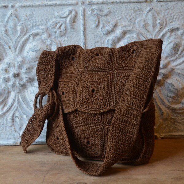 jaren 1970 chocolade bruin gebreide handtas, Boho Vintage brei handtas, vintage bruin brei portemonnee