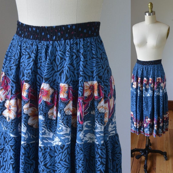 90's Vintage Blue Floral Hippie Boho Pull On Long… - image 1