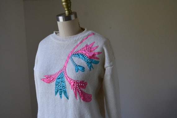 1980's Cream Bedazzled Pullover Sweater Size Smal… - image 5