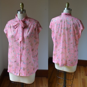 Vintage Short Sleeve Shear Pink Dress Blouse With Neck Tie Size Large, Vintage Short Sleeve Pink Dress Blouse With Neck Tie Collar Size Lg