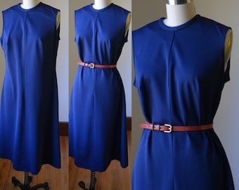 1970's Navy Blue Basic Essential Layering Dress Women's Size Medium, Vintage Navy Blue Full Fitted Dress Size Medium