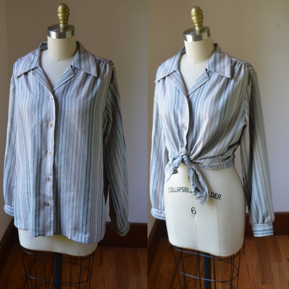 1970's Gray Striped Long Sleeve Dress Blouse By T… - image 1