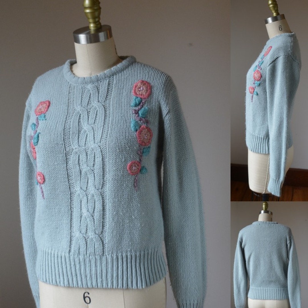 80's Vintage Long Sleeve Sweater With Embroidered Flowers Size Small by ...