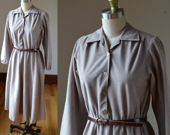 1980's Latte Brown Soft Blouson Dress Size 6 Small, Vintage Soft Neutral Brown Blouson Dress Size Small