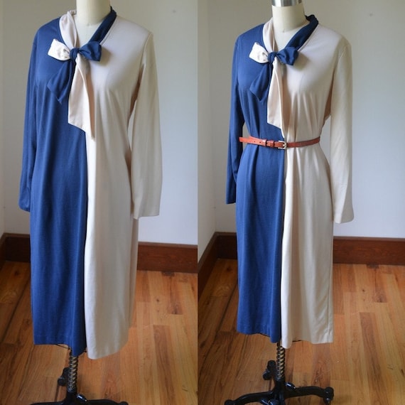 80's Bicolor Long Sleeve Dress With Neck Tie By S… - image 1