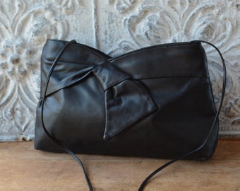 1980's Black Cross Body Leather Bag With Bow Detail