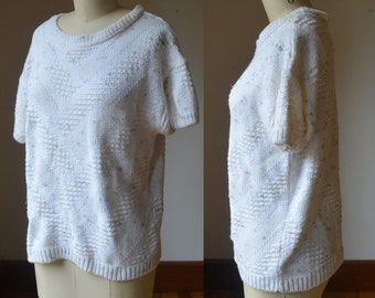 1980's White And Pastel Short Sleeve Sweater Women's Size Large, Vintage Pastel And White Sweater Size Large By Knit Maven