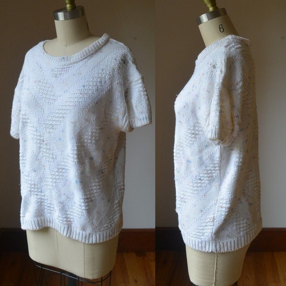 1980's White And Pastel Short Sleeve Sweater Wome… - image 1