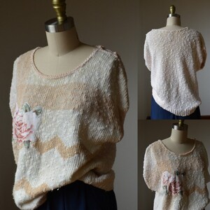 80's Vintage Oversized Short Sleeve Sweater With Embroidered Rose Size Large By Erika image 1