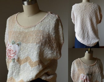 80's Vintage Oversized Short Sleeve Sweater With Embroidered Rose Size Large By Erika