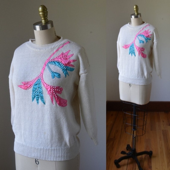 1980's Cream Bedazzled Pullover Sweater Size Smal… - image 1
