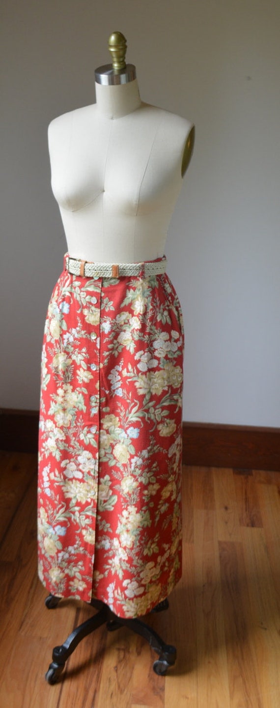 90's Vintage Floral Linen High Waisted Skirt With… - image 2