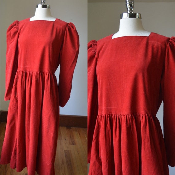 90's Vintage Bright Red Laura Ashley Corduroy Dres