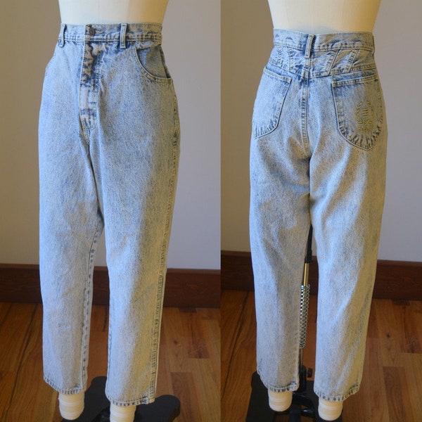 1980’s High Waisted Acid Wash Tapered Denim Jeans By Gitano Size Women’s 10/12, Vintage Tapered Ankle Acid Wash Jeans Waist Size 34 Measured