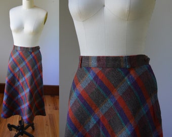 1970's Vintage Wool Plaid A-Line Skirt Waist Size 26 Measured, Vintage Tartan High Waist Wool Plaid Skirt Women's Size 6
